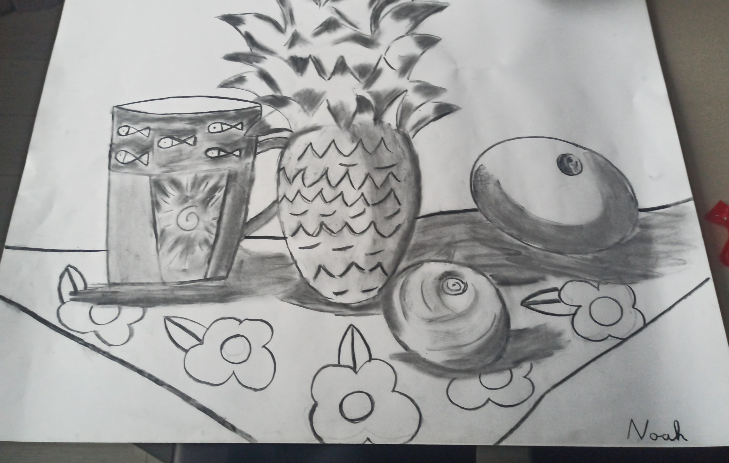 Nature morte avec jarre, ananas, orange et clémentine