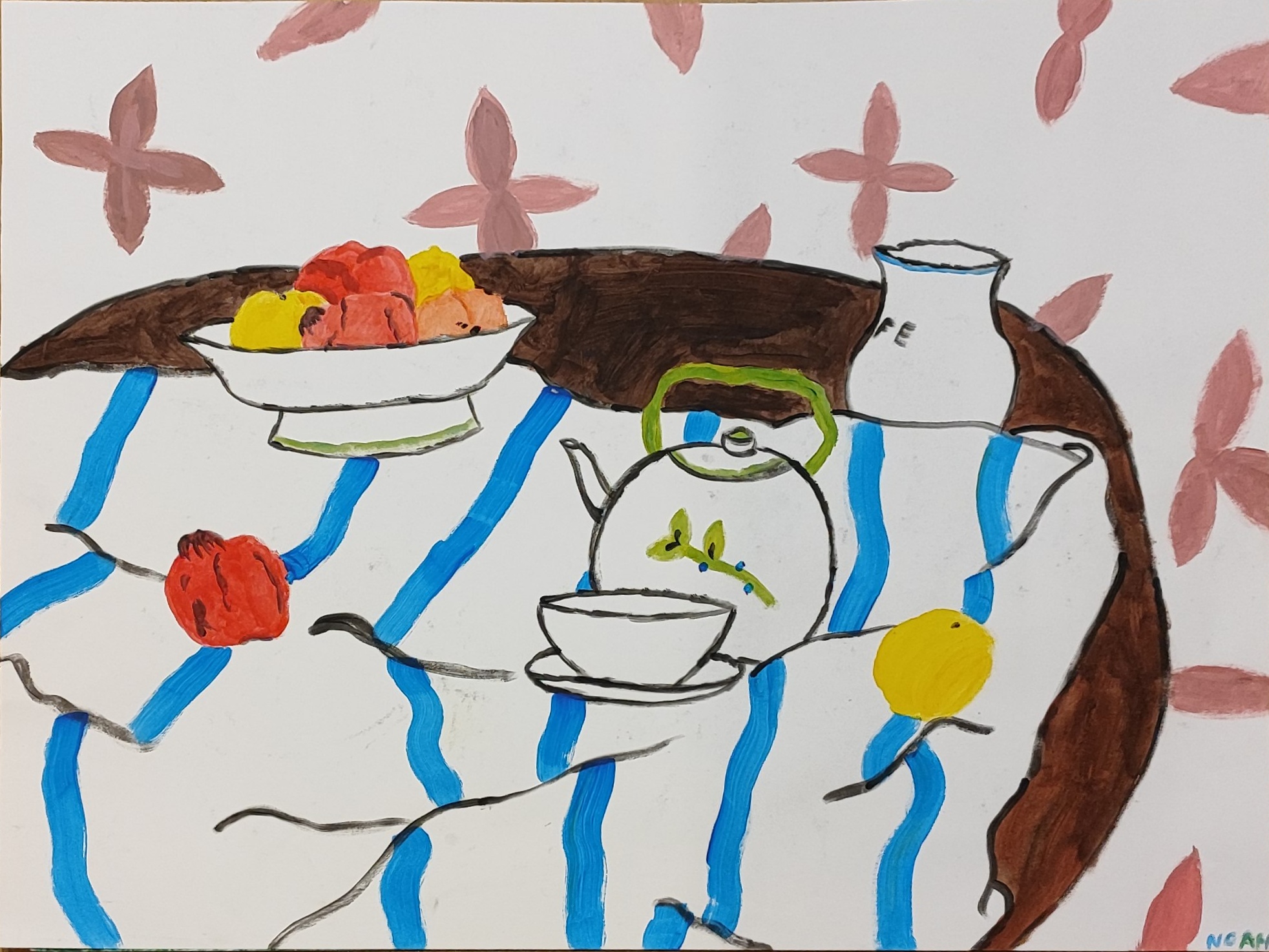 Nature morte avec jarre, coupelle de fruits, tasse, théière et citron