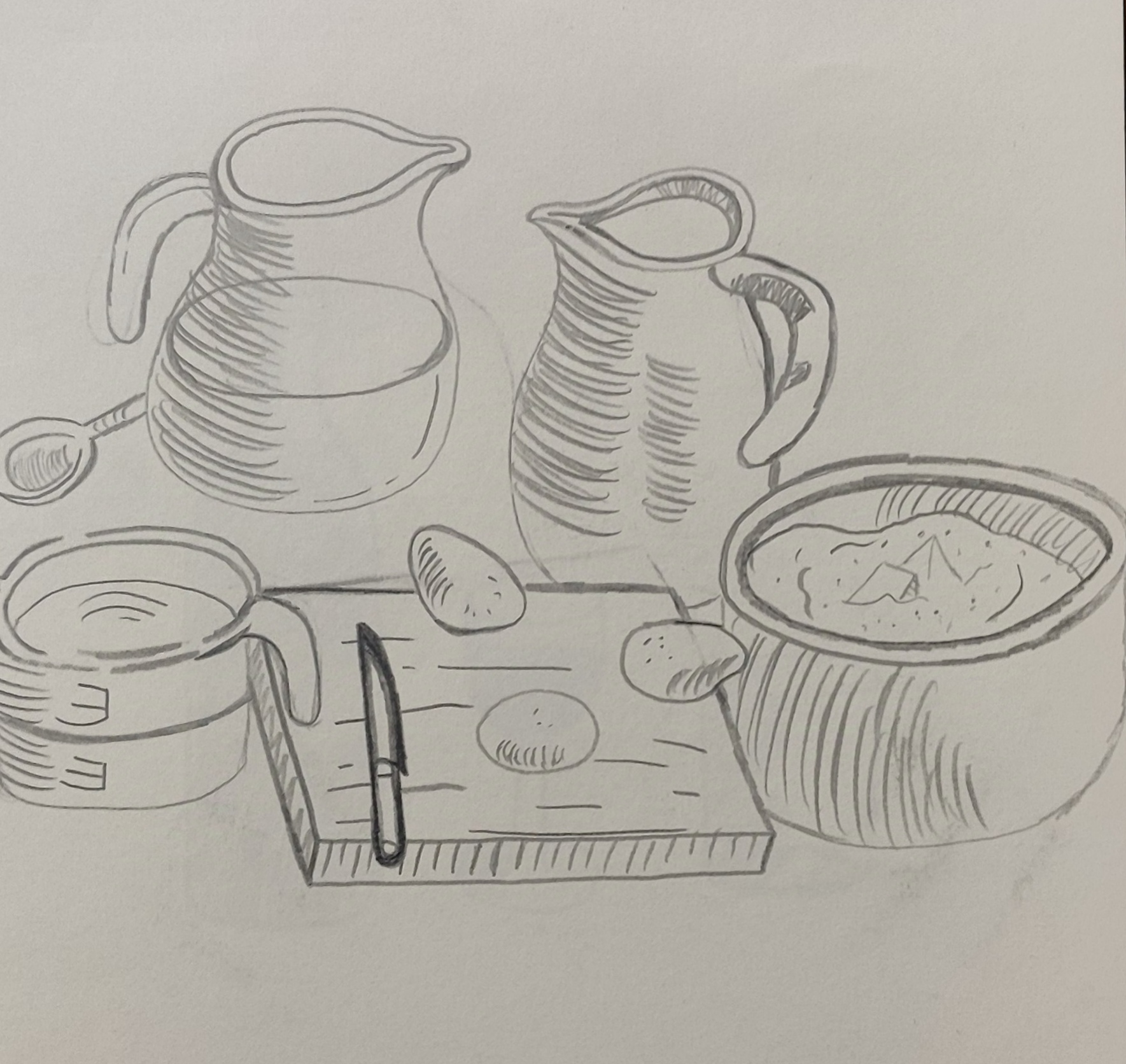 Nature morte avec jarres, bols et planche a découper